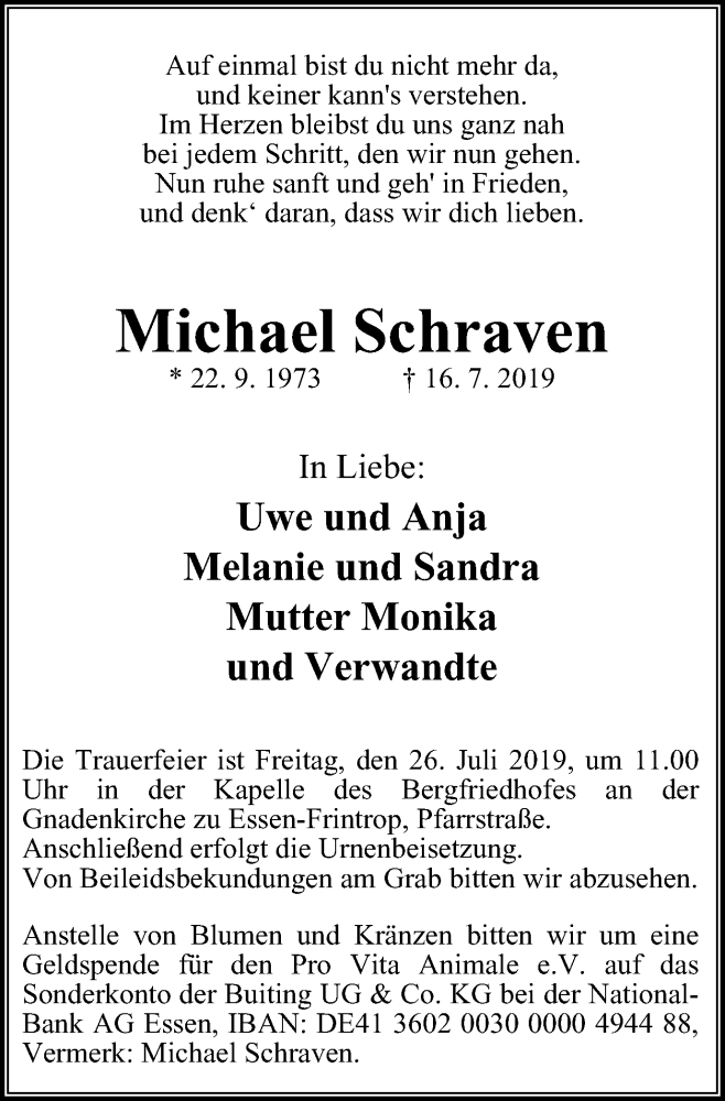  Traueranzeige für Michael Schraven vom 20.07.2019 aus Borbeck Kurier