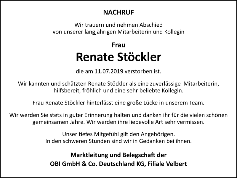  Traueranzeige für Renate Stöckler vom 24.07.2019 aus Stadtanzeiger Velbert + Heiligenhaus