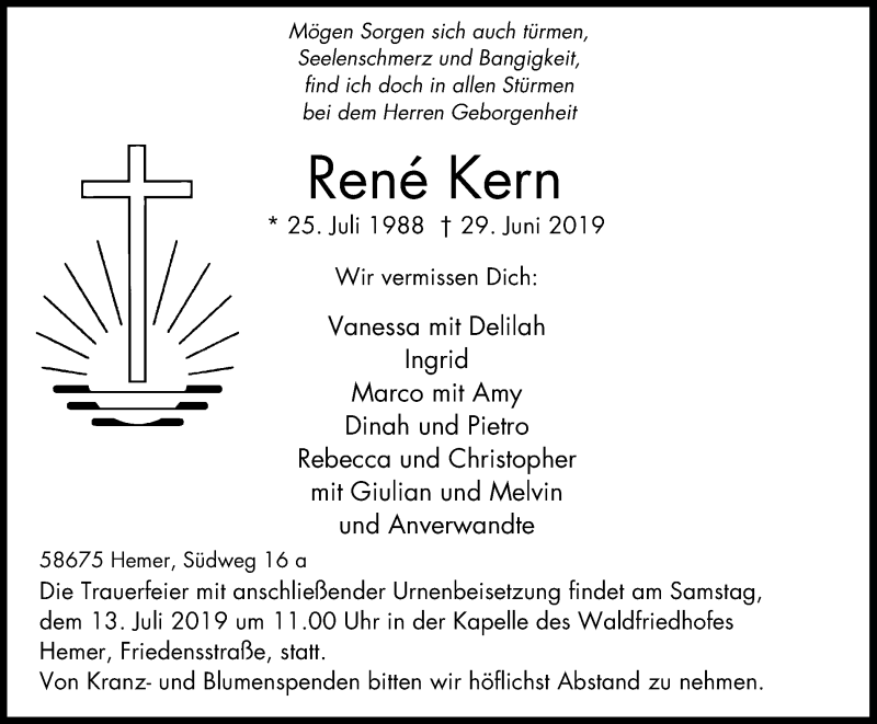  Traueranzeige für René Kern vom 06.07.2019 aus Stadtspiegel Iserlohn + Hemer