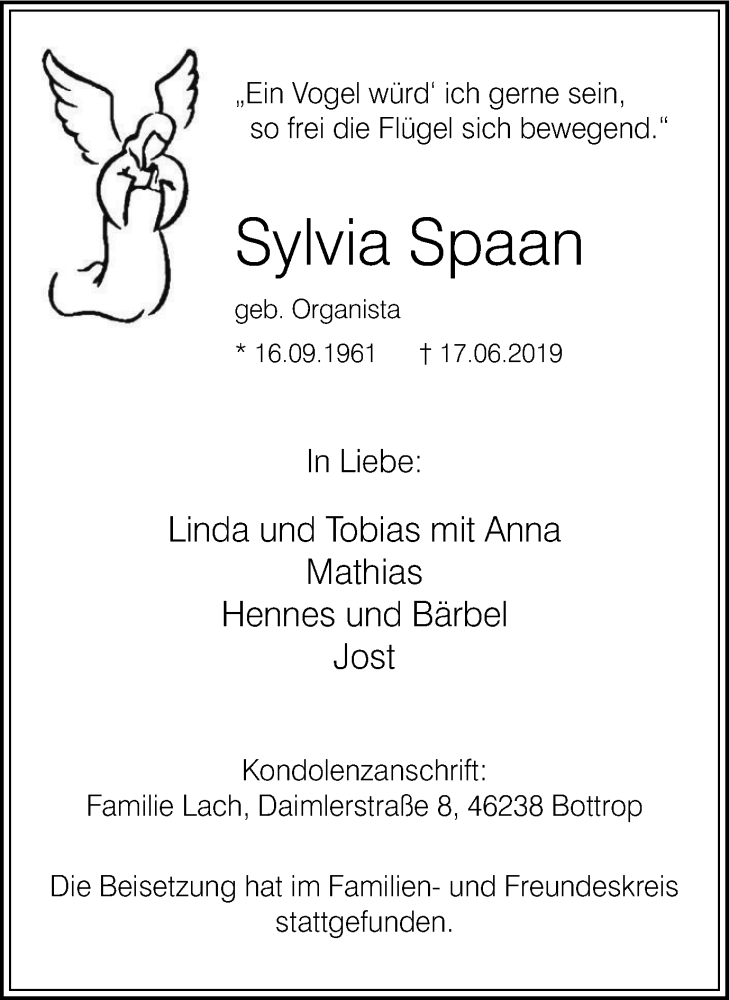  Traueranzeige für Sylvia Spaan vom 03.07.2019 aus Stadtspiegel Bottrop