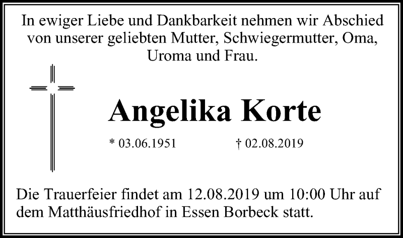  Traueranzeige für Angelika Korte vom 10.08.2019 aus Borbeck Kurier