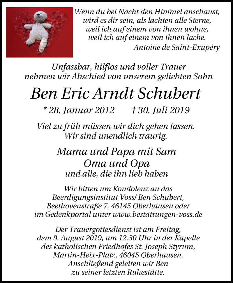  Traueranzeige für Ben Eric Arndt Schubert vom 07.08.2019 aus Wochen-Anzeiger Oberhausen