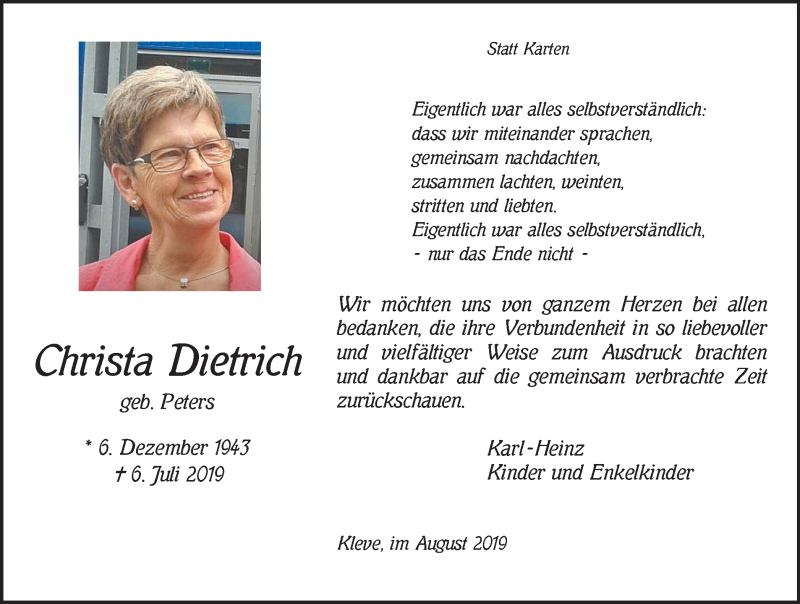  Traueranzeige für Christa Dietrich vom 24.08.2019 aus Klever Wochenblatt