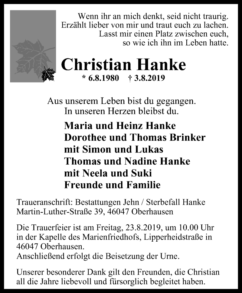  Traueranzeige für Christian Hanke vom 10.08.2019 aus Wochen-Anzeiger Oberhausen