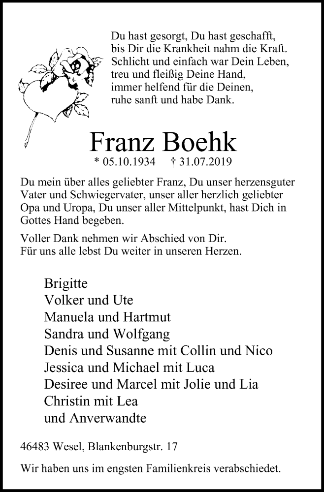  Traueranzeige für Franz Boehk vom 21.08.2019 aus Der Weseler + Der Xantener