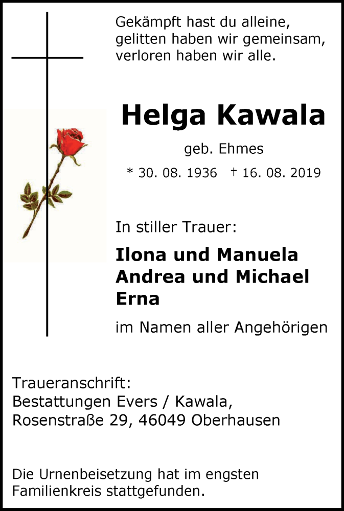  Traueranzeige für Helga Kawala vom 31.08.2019 aus Wochen-Anzeiger Oberhausen