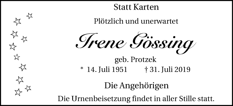  Traueranzeige für Irene Gössing vom 17.08.2019 aus Lüner Anzeiger