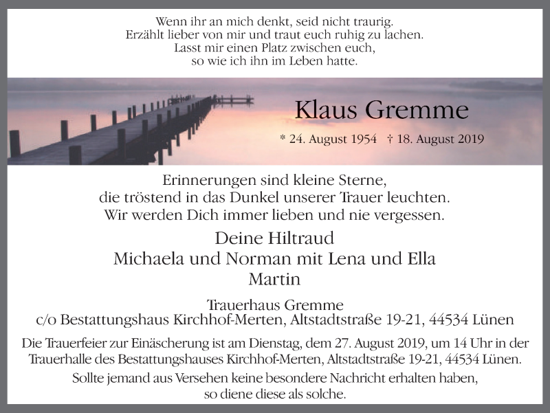  Traueranzeige für Klaus Gremme vom 21.08.2019 aus Lüner Anzeiger