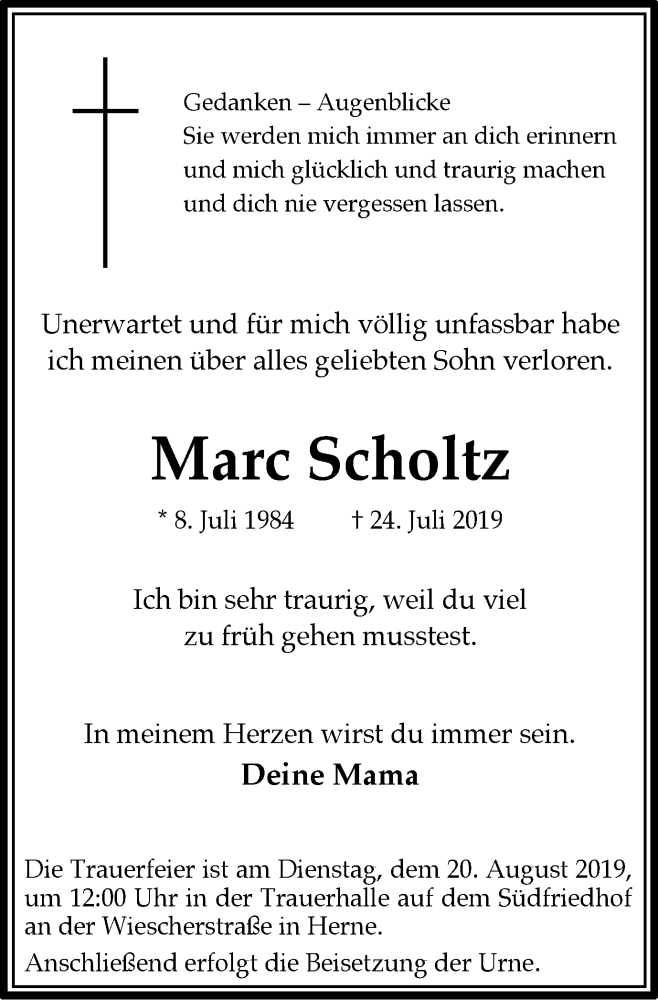 Traueranzeige für Marc Scholtz vom 14.08.2019 aus Wochenblatt Herne/Wanne-Eickel