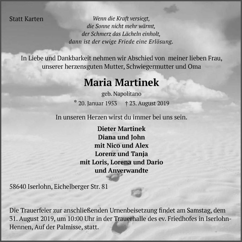  Traueranzeige für Maria Martinek vom 28.08.2019 aus Stadtspiegel Iserlohn + Hemer