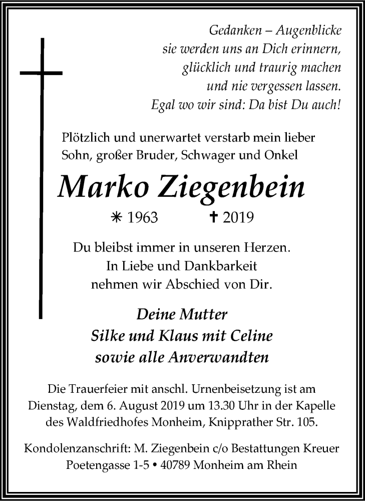  Traueranzeige für Marko Ziegenbein vom 03.08.2019 aus Wochen-Anzeiger Langenfeld/Monheim/Hilden