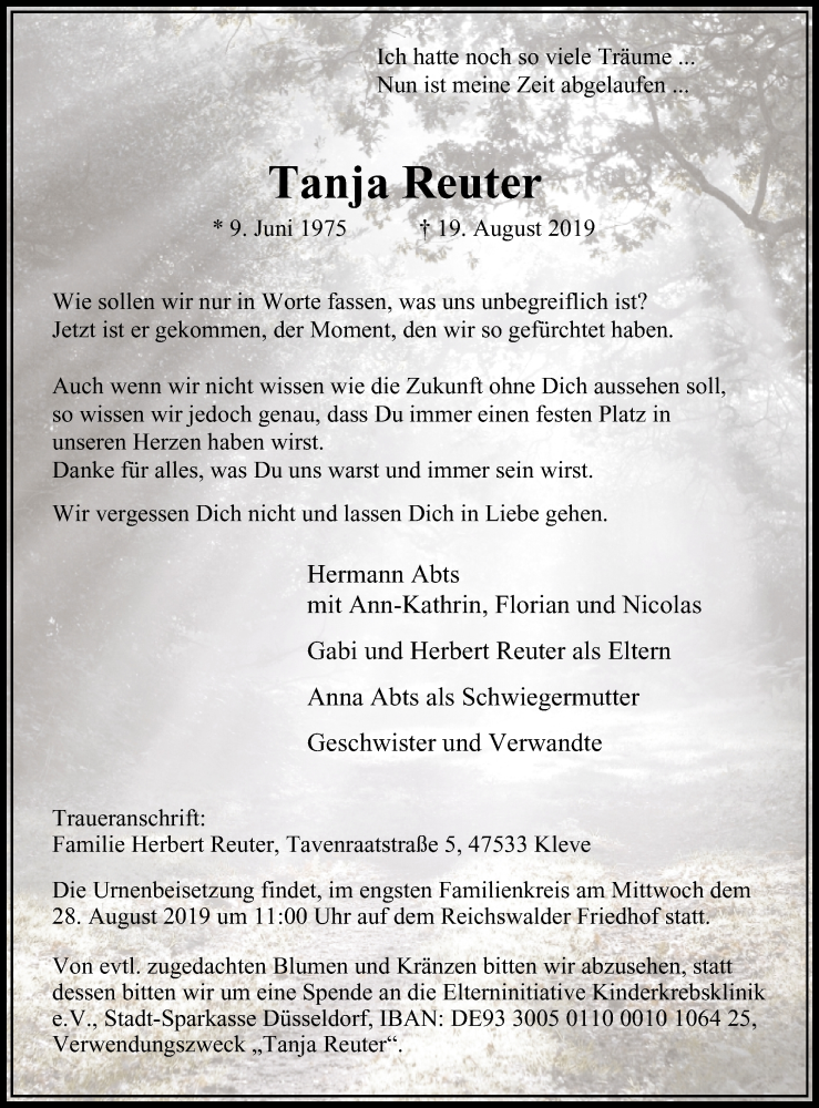  Traueranzeige für Tanja Reuter vom 24.08.2019 aus Klever Wochenblatt