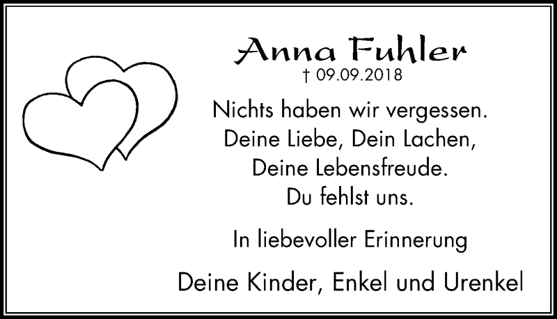 Traueranzeige für Anna Fuhler vom 07.09.2019 aus Stadtspiegel Bottrop