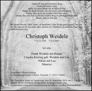 Traueranzeige von Christoph Weidele von WVW Anzeigenblätter