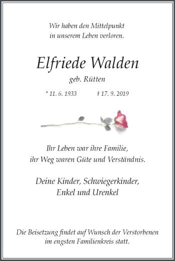 Traueranzeige von Elfriede Walden von WVW Anzeigenblätter