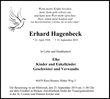 Traueranzeige von Erhard Hagenbeck von WVW Anzeigenblätter