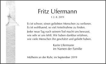 Traueranzeige von Fritz Ufermann von WVW Anzeigenblätter
