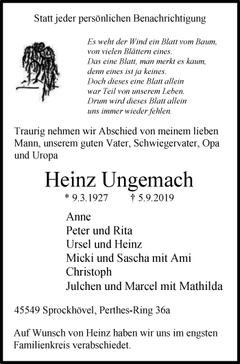 Traueranzeige von Heinz Ungemach von WVW Anzeigenblätter