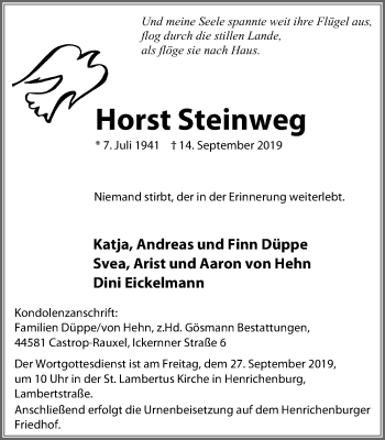 Traueranzeige von Horst Steinweg von WVW Anzeigenblätter