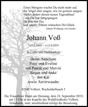 Traueranzeige von Johann Voß von WVW Anzeigenblätter