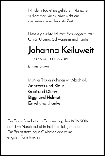Traueranzeige von Johanna Keiluweit von WVW Anzeigenblätter