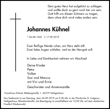 Traueranzeige von Johannes Kühnel von WVW Anzeigenblätter