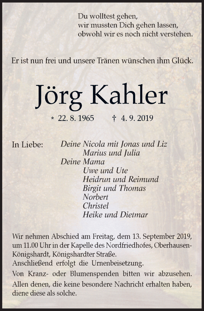  Traueranzeige für Jörg Kahler vom 11.09.2019 aus Wochen-Anzeiger Oberhausen