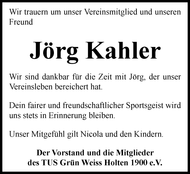  Traueranzeige für Jörg Kahler vom 14.09.2019 aus Wochen-Anzeiger Oberhausen