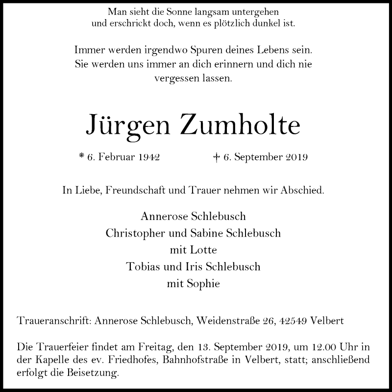  Traueranzeige für Jürgen Zumholte vom 11.09.2019 aus Stadtanzeiger Velbert + Heiligenhaus