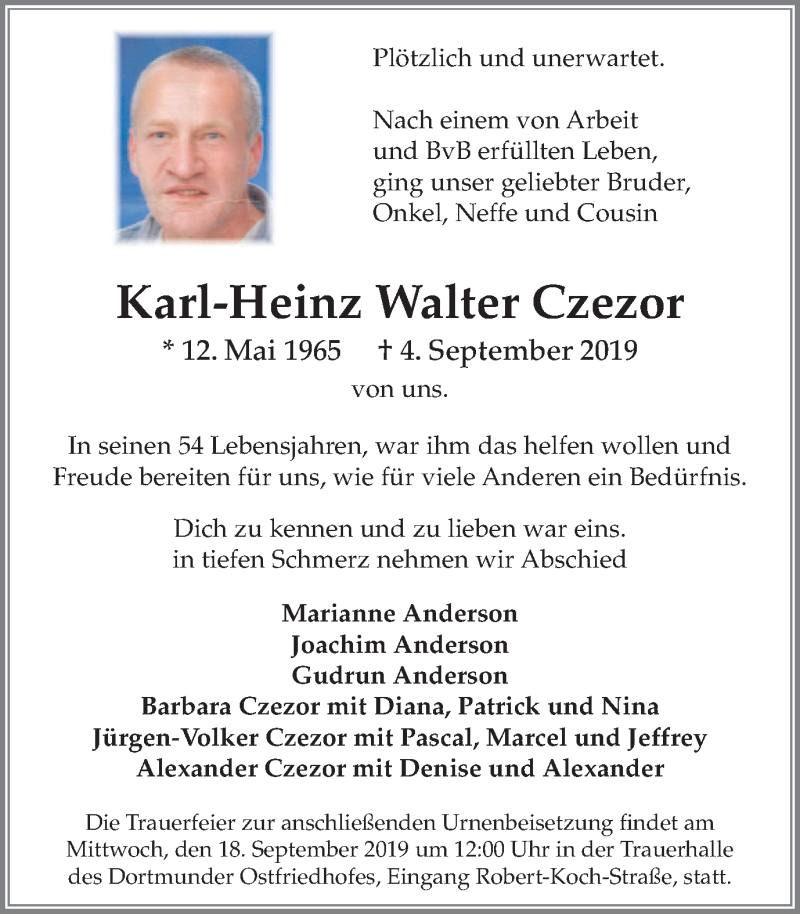  Traueranzeige für Karl-Heinz Walter Czezor vom 14.09.2019 aus Stadtanzeiger Dortmund