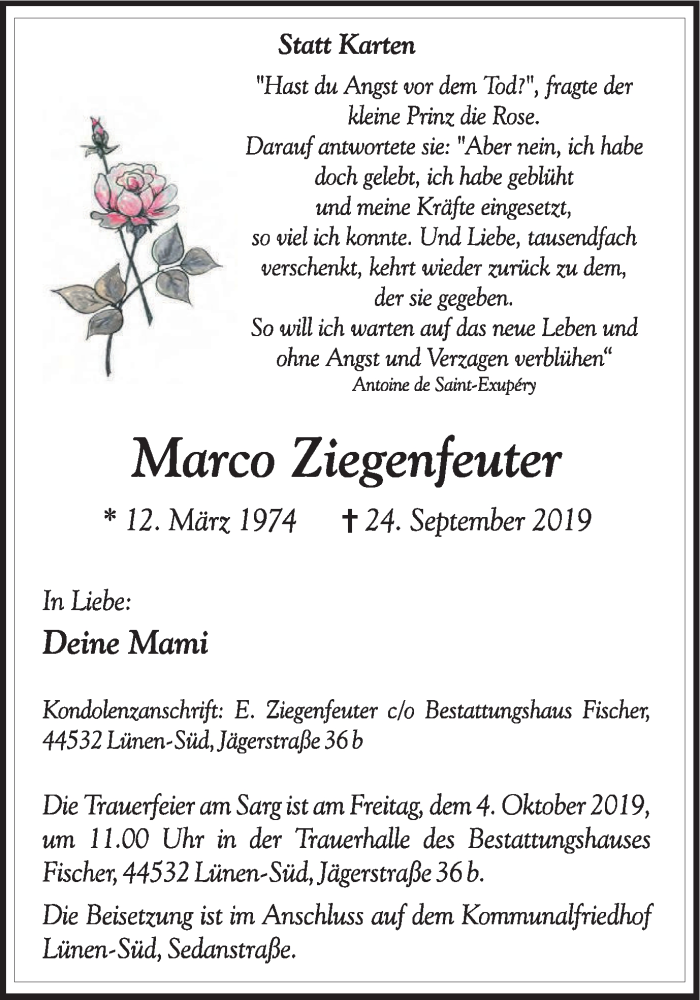  Traueranzeige für Marco Ziegenfeuter vom 28.09.2019 aus Lüner Anzeiger