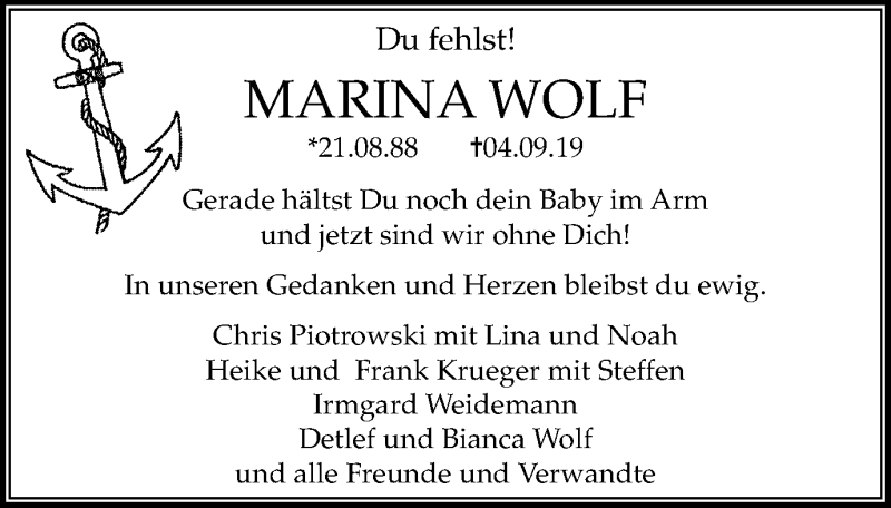  Traueranzeige für Marina Wolf vom 11.09.2019 aus Stadtspiegel Kamen + Unna