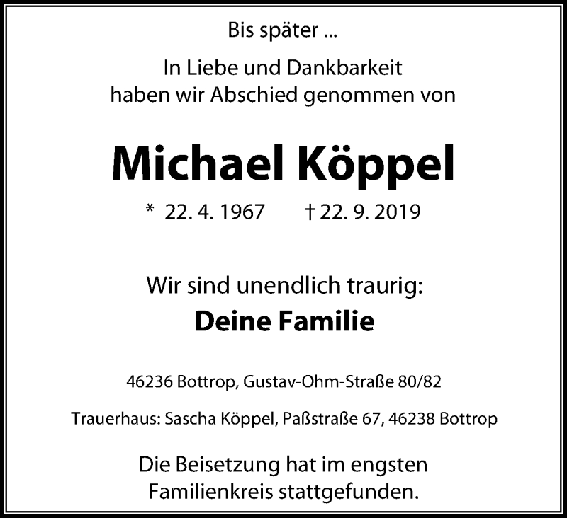  Traueranzeige für Michael Köppel vom 28.09.2019 aus Stadtspiegel Bottrop