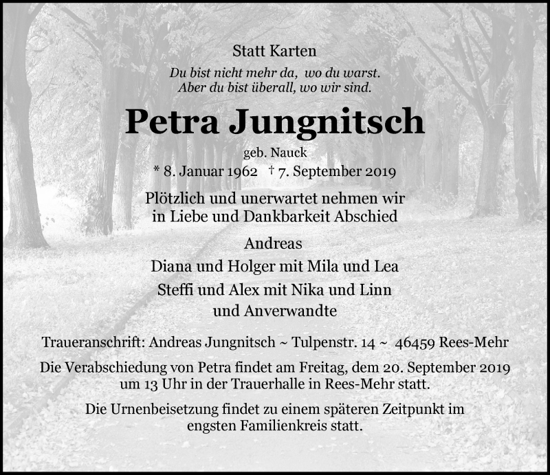  Traueranzeige für Petra Jungnitsch vom 14.09.2019 aus Stadtanzeiger Emmerich/Rees/Isselburg