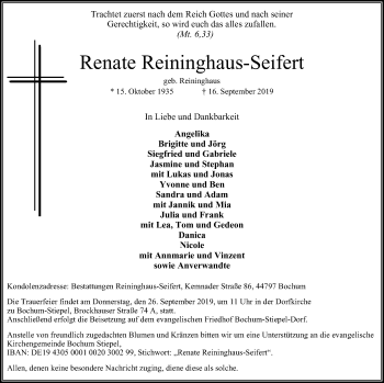 Traueranzeige von Renate Reininghaus-Seifert von WVW Anzeigenblätter