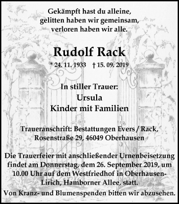 Traueranzeige von Rudolf Rack von WVW Anzeigenblätter