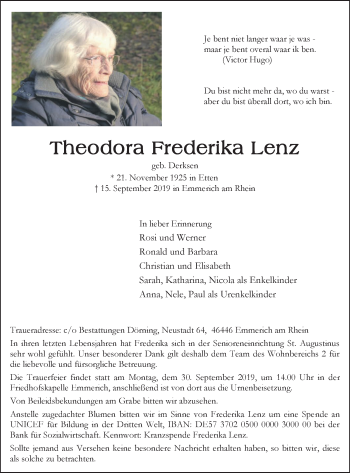 Traueranzeige von Theodora Frederika Lenz von WVW Anzeigenblätter