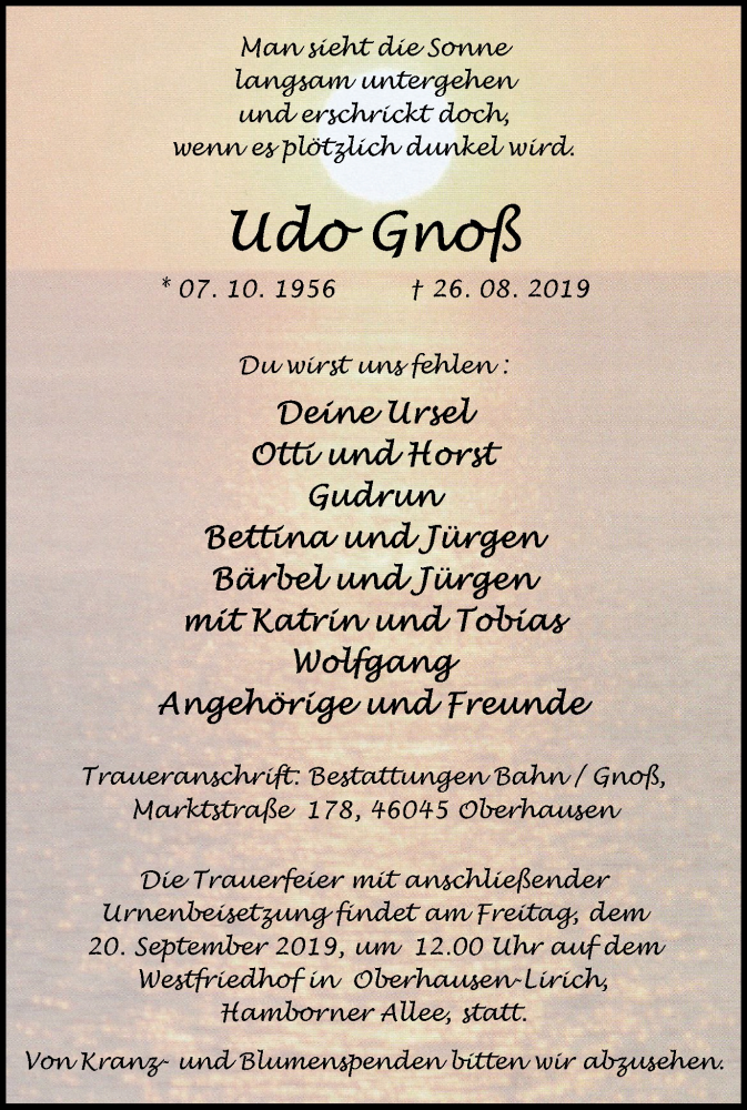  Traueranzeige für Udo Gnoß vom 14.09.2019 aus Wochen-Anzeiger Oberhausen