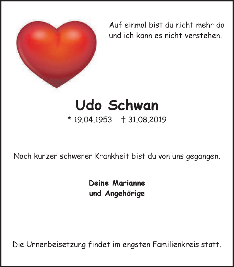  Traueranzeige für Udo Schwan vom 07.09.2019 aus Stadtanz.Castrop-Rauxel