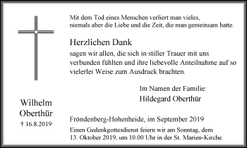 Traueranzeige von Wilhelm Oberthür von WVW Anzeigenblätter