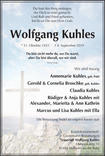 Traueranzeige von Wolfgang Kuhles von WVW Anzeigenblätter