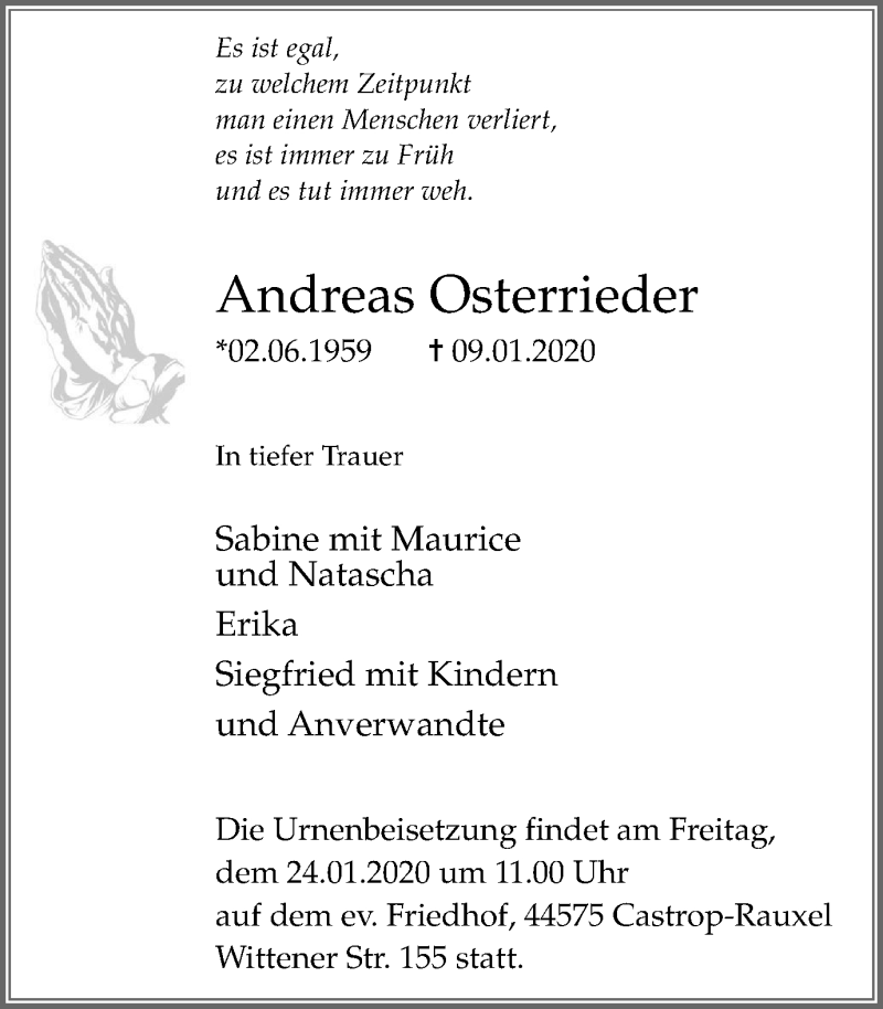  Traueranzeige für Andreas Osterrieder vom 22.01.2020 aus Stadtanz.Castrop-Rauxel