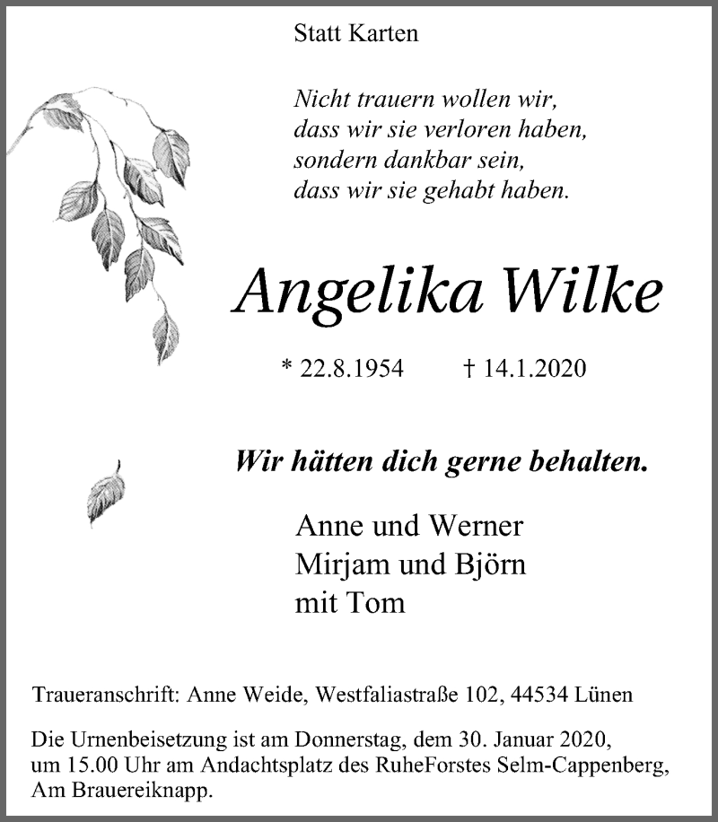  Traueranzeige für Angelika Wilke vom 25.01.2020 aus Lüner Anzeiger