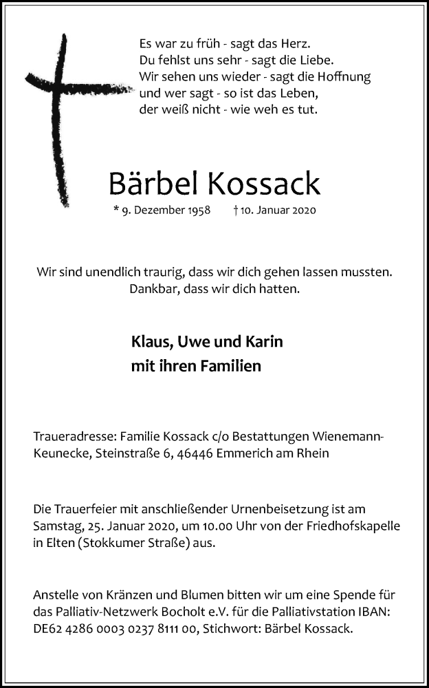  Traueranzeige für Bärbel Kossack vom 18.01.2020 aus Stadtanzeiger Emmerich/Rees/Isselburg