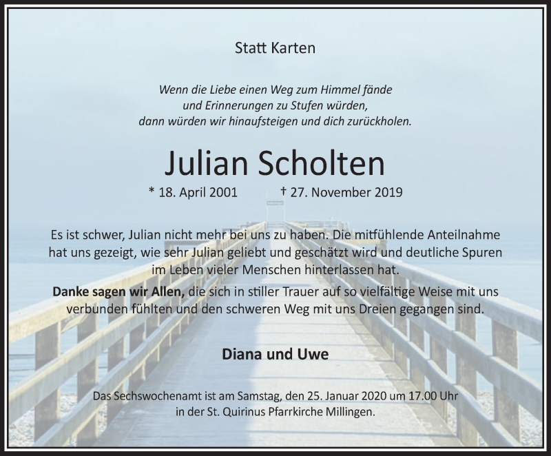  Traueranzeige für Julian Scholten vom 18.01.2020 aus Stadtanzeiger Emmerich/Rees/Isselburg