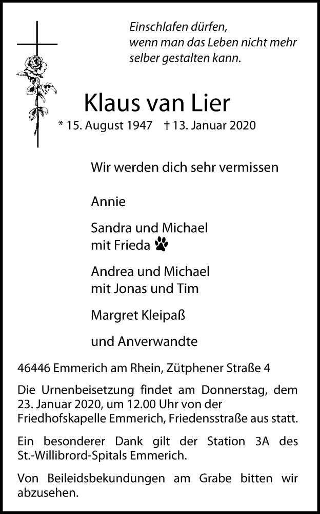  Traueranzeige für Klaus van Lier vom 18.01.2020 aus Stadtanzeiger Emmerich/Rees/Isselburg