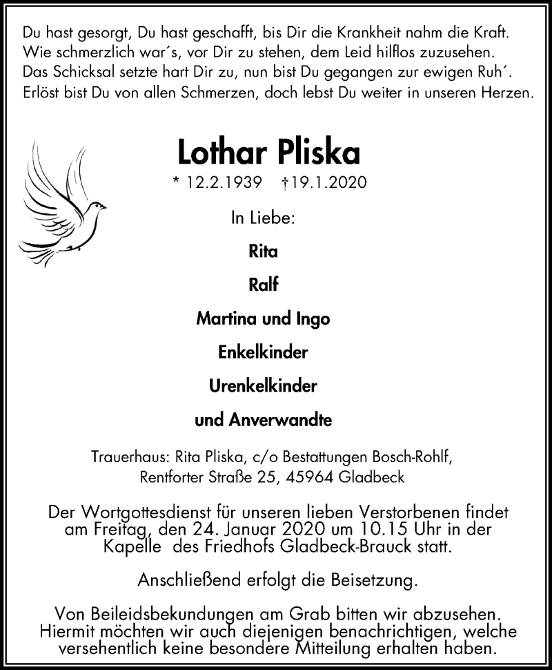  Traueranzeige für Lothar Pliska vom 22.01.2020 aus Stadtspiegel Gladbeck