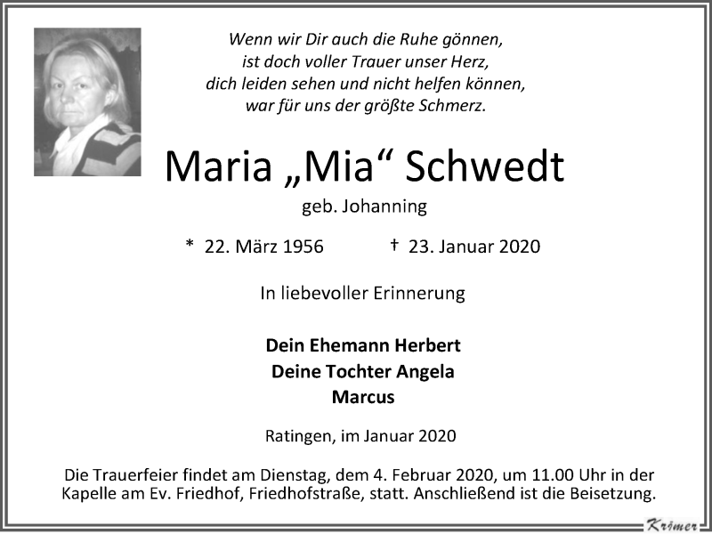  Traueranzeige für Maria Schwedt vom 30.01.2020 aus WVW Anzeigenblätter