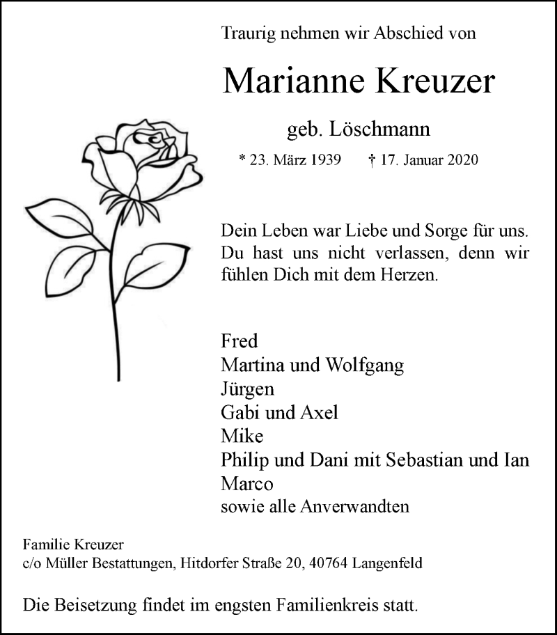  Traueranzeige für Marianne Kreuzer vom 25.01.2020 aus Wochen-Anzeiger Langenfeld/Monheim/Hilden