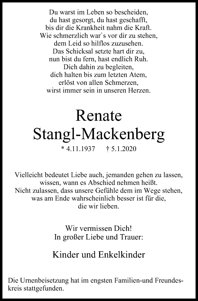  Traueranzeige für Renate Stangl-Mackenberg vom 25.01.2020 aus Nord Anzeiger Essen